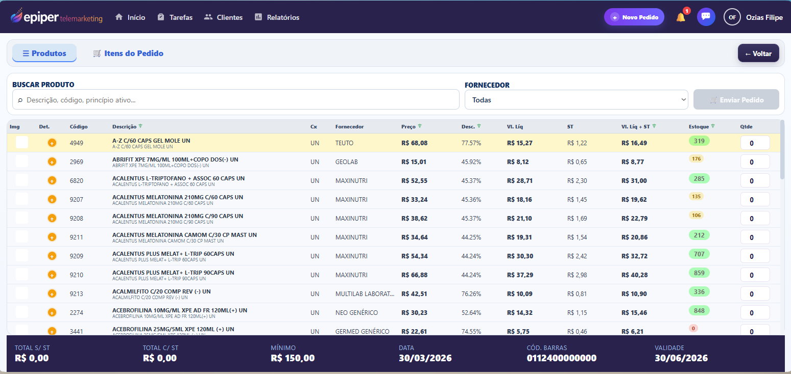 Painel de gestão e controle da plataforma ePiper